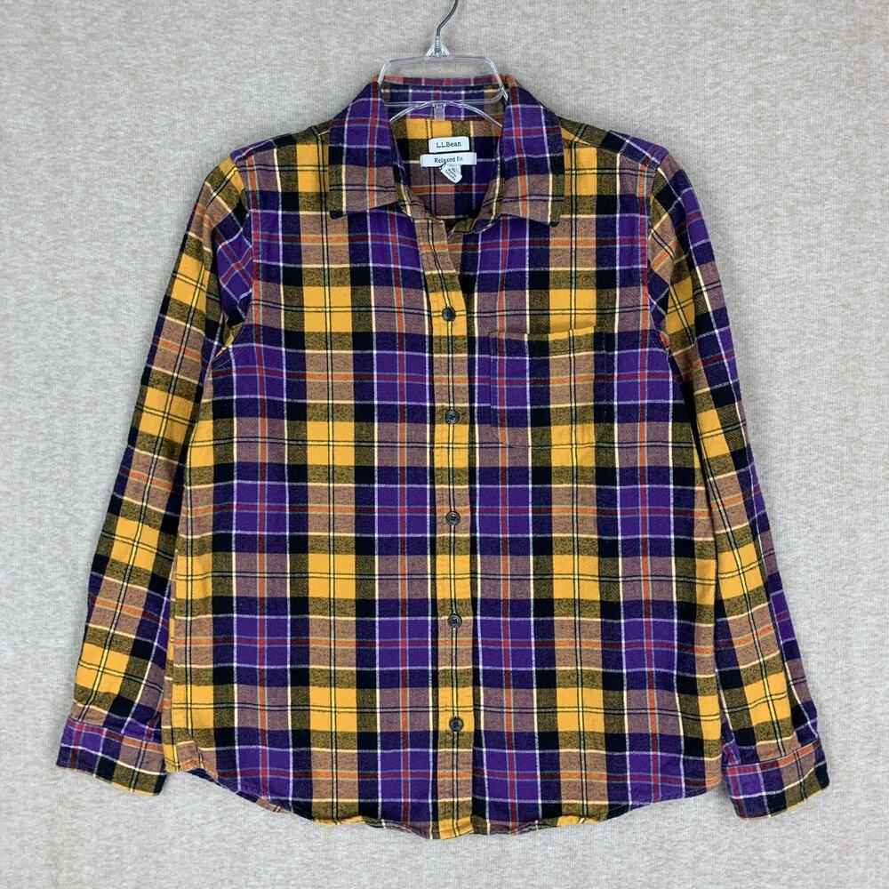 LL Bean Flannel Women's Small Reg Relaxed Fit Plaid Yellow Purple Button Up